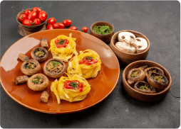 Side view of chicken kebab on lavash served……