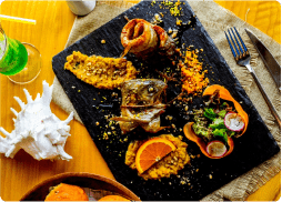 Side view of chicken kebab on lavash served……